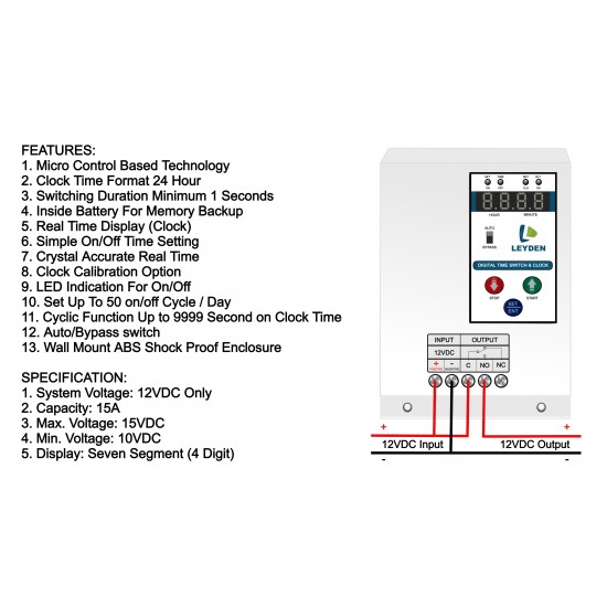 LEYDEN® 12 Volt DC, 15A, TM-CLK-12VDC NO/NC 24 Hour Real Clock Timer Switch, 50 ON/Off Per Day & Cyclic Function Up to 9999 Second Programmable Electronic Timer Switch (1- Year Warranty)