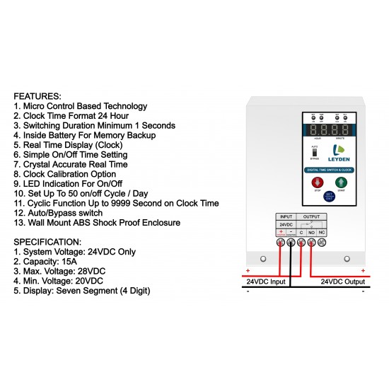 LEYDEN® 24 Volt DC, 15A, TM-CLK-24VDC NO/NC 24 Hour Real Clock Timer Switch, 50 ON/Off Per Day & Cyclic Function Up to 9999 Second Programmable Electronic Timer Switch (1- Year Warranty)