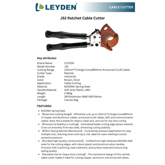 LEYDEN® J52 Heavy Duty Aluminum Copper Ratchet Cable Cutters up to 120mm²*3 Single Core/Ø50mm Armoured Cu/Al Cable Cutter (J52)