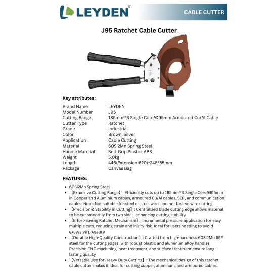 LEYDEN® J95 Heavy Duty Aluminum Copper Ratchet Cable Cutters up to 185mm²*3 Single Core/Ø95mm Armoured Cu/Al Cable Cutter (J95)