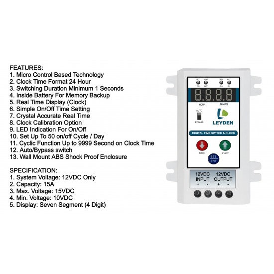 LEYDEN® 12 Volt DC, 15A, TM-CLK-12VDC 24 Hour Real Clock Timer Switch, 50 ON/Off Per Day & Cyclic Function Up to 9999 Second Programmable Electronic Timer Switch (1- Year Warranty)