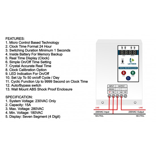 LEYDEN® TM-CLK 30A NO/NC 230VAC, 24 Hour Real Clock Timer Switch, 50 ON/Off Per Day & Cyclic Function Up to 9999 Second Programmable Electronic Timer Switch (1- Year Warranty)