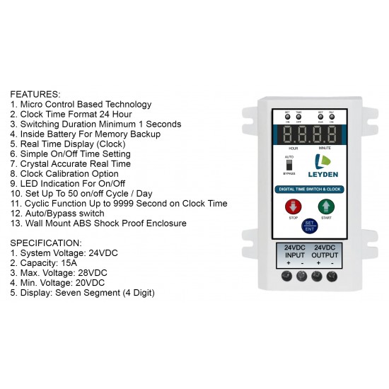 LEYDEN® 24 Volt DC, 15A, TM-CLK-24VDC 24 Hour Real Clock Timer Switch, 50 ON/Off Per Day & Cyclic Function Up to 9999 Second Programmable Electronic Timer Switch (1- Year Warranty)