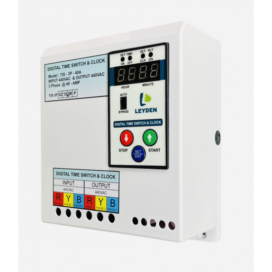 LEYDEN® TM-CLKTP, 40A, 440VAC, 50Hz Three Phase Industrial Real Clock Timer Switch, 50 ON/Off Per Day & Cyclic Function Up to 9999 Second Programmable Electronic Timer Switch (1- Year Warranty)