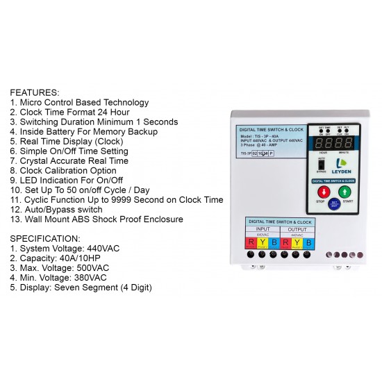 LEYDEN® TM-CLKTP, 40A, 440VAC, 50Hz Three Phase Industrial Real Clock Timer Switch, 50 ON/Off Per Day & Cyclic Function Up to 9999 Second Programmable Electronic Timer Switch (1- Year Warranty)