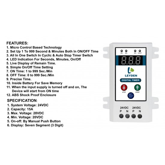 LEYDEN® TM-CYC 24VDC 15A, (1 to 999 Sec./Min.) ON/Off Digital Cyclic Timer & Auto Stop Countdown Timer for Fogger, Hydroponics, Irrigation, Motor, Water Pump, Etc.