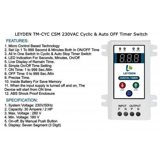 LEYDEN® TM-CYC CSM 30A, 230 Volt AC (1 to 999 Sec./Min.) ON/Off Digital Cyclic Timer & Auto Stop Countdown Timer for Fogger, Hydroponics, Irrigation, Motor, Geyser, Heater, Oven, Water Pump, Etc.