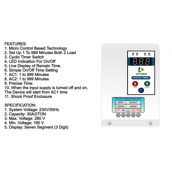 LEYDEN® TM-DAT 30A, 220VAC, 1-999 Minutes On Off Digital Timer Switch For Dual AC Timer Switch for 2 AC (Air Conditioner)