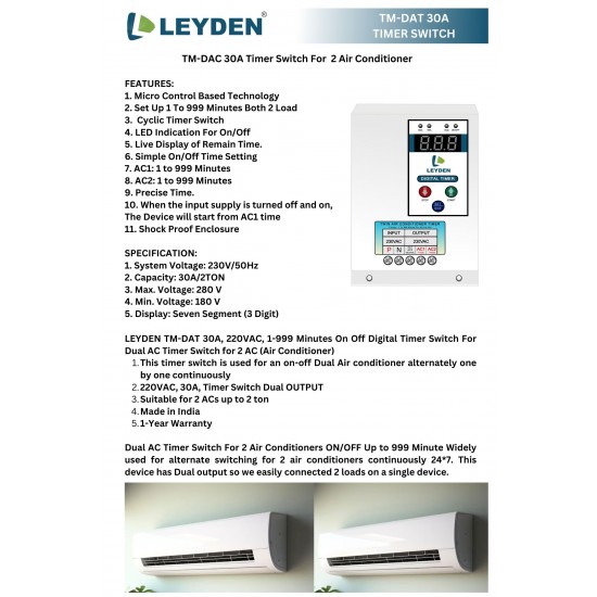 LEYDEN® TM-DAT 30A, 220VAC, 1-999 Minutes On Off Digital Timer Switch For Dual AC Timer Switch for 2 AC (Air Conditioner)