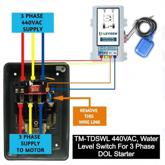 LEYDEN® TM-DSWL, 440V, Water Level Automatic On-Off With Float Sensor For Three Phase DOL Starter Motor, Water Pump 3 Phase DOL Starter Controller