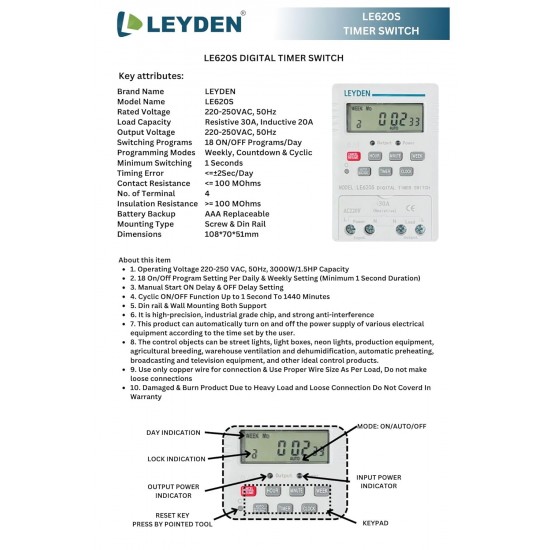 LEYDEN® LE620S 220VAC, Time Control Switch 18 Programs Per Day & Cyclic Function Switch for Industrial and Others