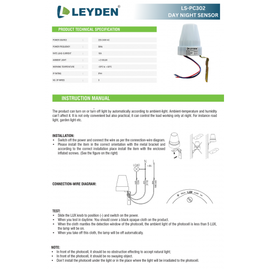 LEYDEN® LS-PC302 220VAC, 10A Auto Day/Night On & Off Photocell, LDR Sensor Switch for Lighting Water Proof (Photocell - Sensor 10A (Set of 1)