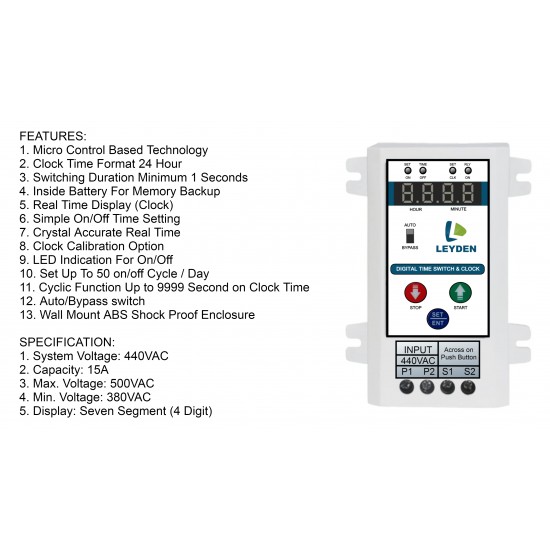 LEYDEN® TM-CLKDS, 440V, Digital Timer Switch for 3 Phase Motor DOL Starter, 50 ON/Off Programs Per Day 24 Hour Timer Switch