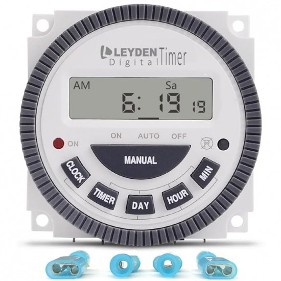 LEYDEN® Digital Programmable Electronic Timer Switch 4 - Pin, 230 Volt AC TM619H-2, 30A, 18 Programs Digital Timer Switch with Clock and Auto Cut Off Function Taiwan (White)