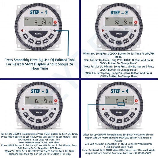 LEYDEN® Digital Programmable Electronic Timer Switch 4 - Pin, 230 Volt AC TM619H-2, 30A, 18 Programs Digital Timer Switch with Clock and Auto Cut Off Function Taiwan (White)