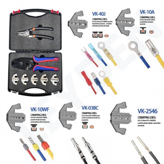 LEYDEN® VX-9CQK, 7 PCS. Quick Change Crimping Tool Kit With Box Multifunction Ratcheting Wire Stripper Cable Terminal Crimper Pliers For MC4, Ferrule, Nylon, Insulated-Non-Insulated Terminals, Heat Shrink Connectors