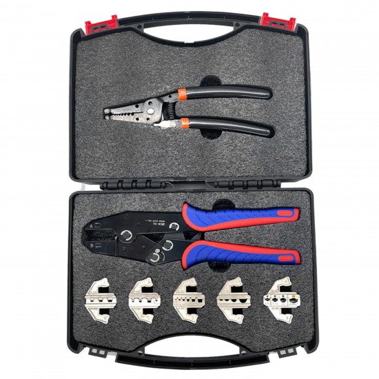 LEYDEN® VX-9CQK, 7 PCS. Quick Change Crimping Tool Kit With Box Multifunction Ratcheting Wire Stripper Cable Terminal Crimper Pliers For MC4, Ferrule, Nylon, Insulated-Non-Insulated Terminals, Heat Shrink Connectors